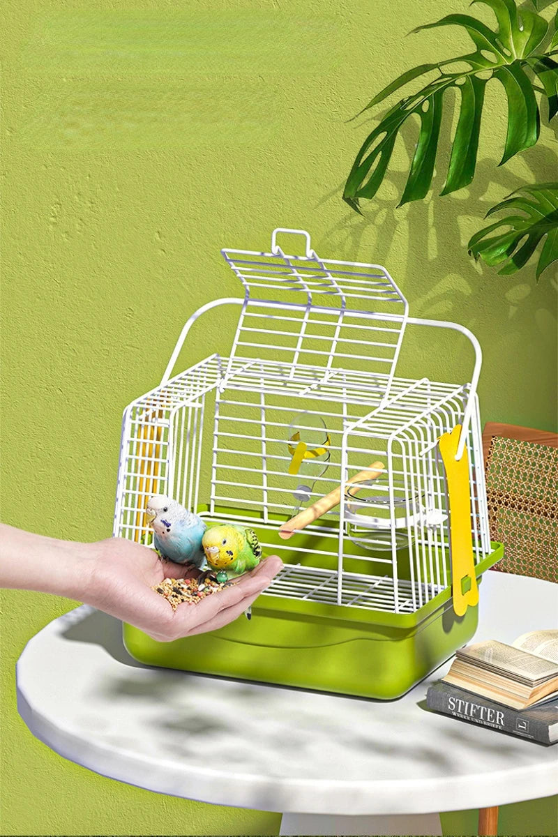 A hand holds a green portable bird carrier bag with a white wire mesh cage and yellow perch against a lime green wall.