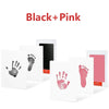 Black and pink baby handprint and footprint kits for keepsakes displayed on a white background.