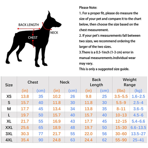 A diagram showing measurements for a dog hoodie, including chest, neck, and back length, with size chart options.