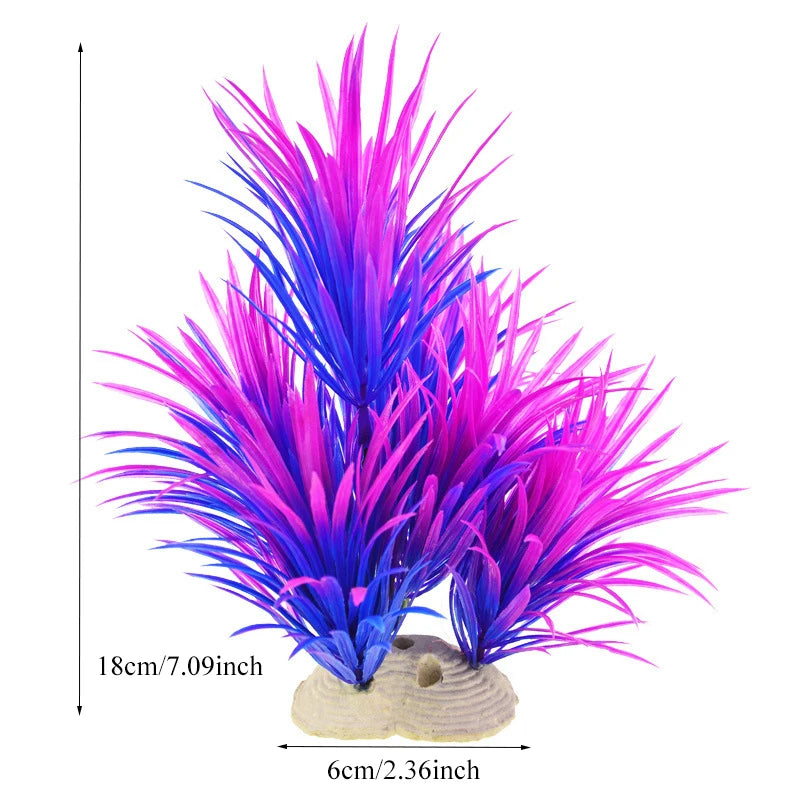 Une plante aquatique artificielle vibrante avec de brillantes plumes violettes et bleues.