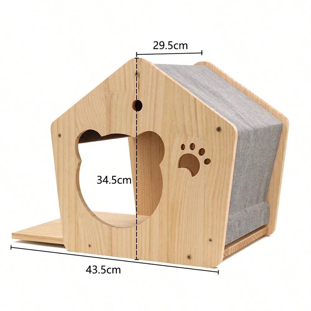 Gato de madera trepando en árbol con poste para rascar y techo de tela, mostrando sus dimensiones.