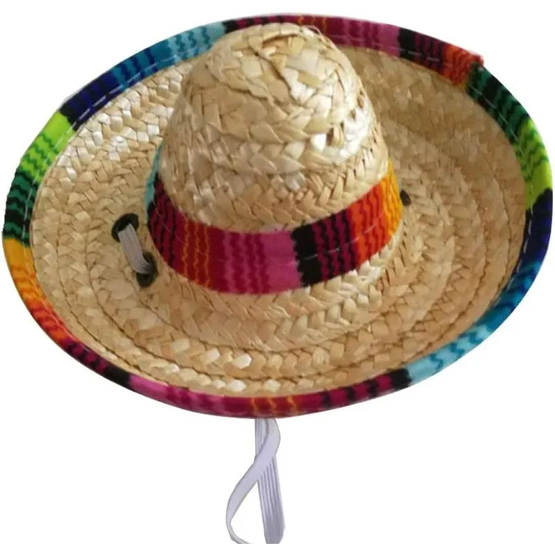 Sombrero tejido con rayas coloridas, diseñado para mascotas.