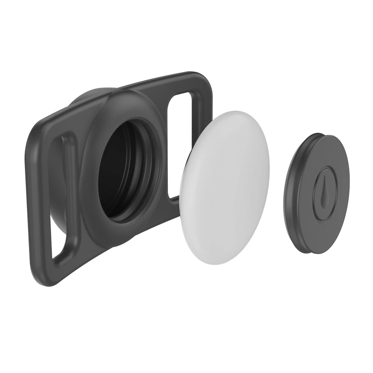 A black silicone airtag holder with a white circular piece and a round black cap.