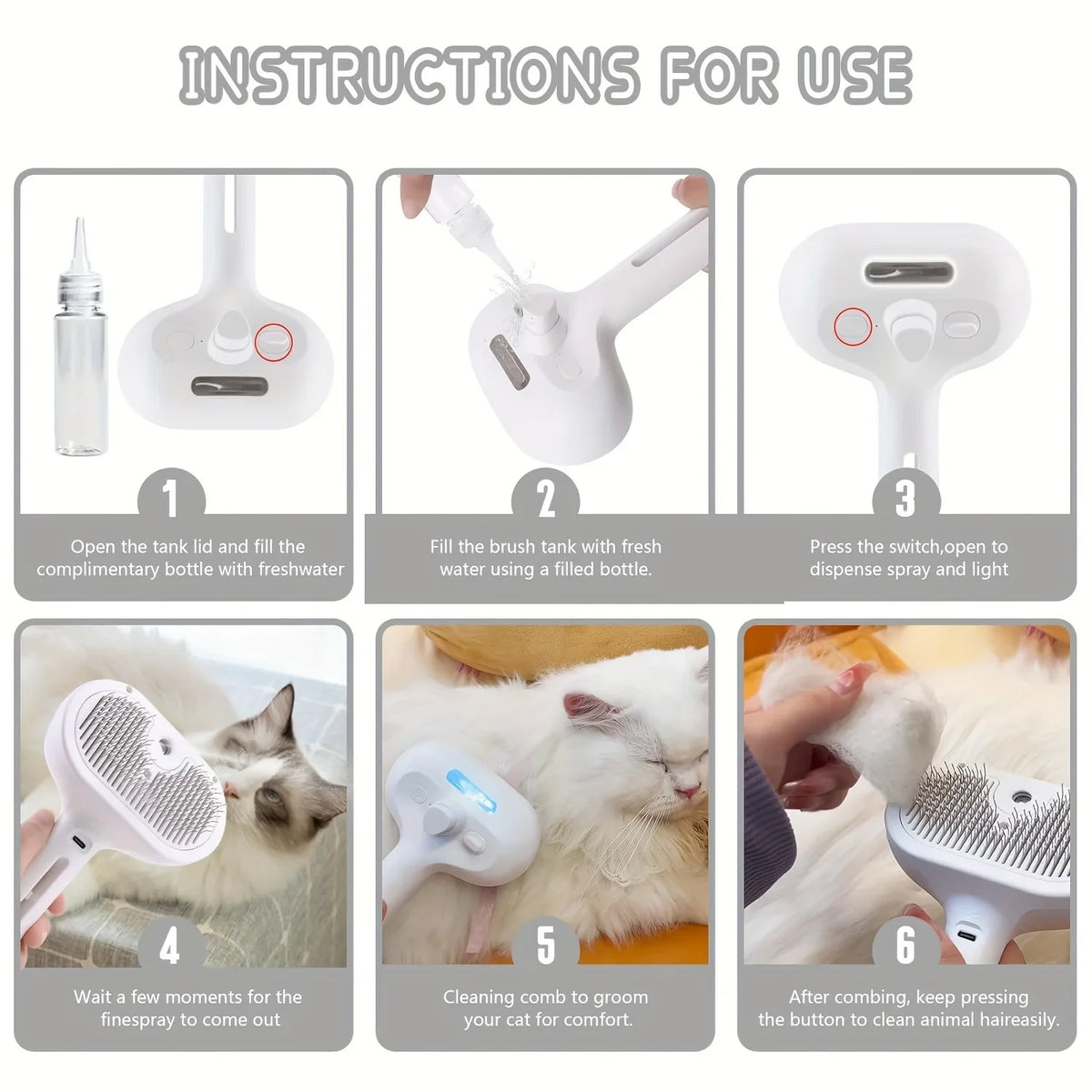 Instrucciones de uso mostrando un cepillo para peluches de mascotas siendo usado en un gato.
