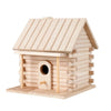 A light wood birdhouse with a pitched roof and an entrance hole, designed for garden or patio use.