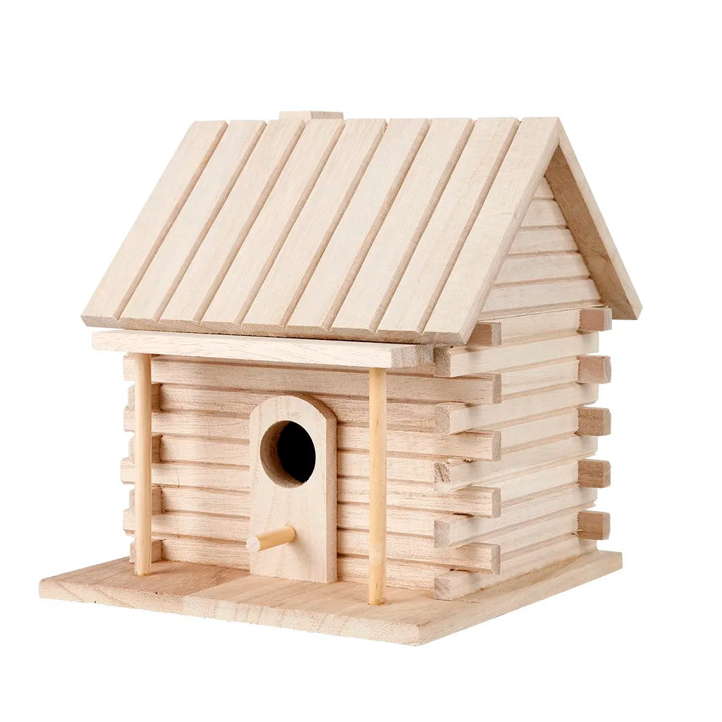 A light wood birdhouse with a pitched roof and an entrance hole, designed for garden or patio use.