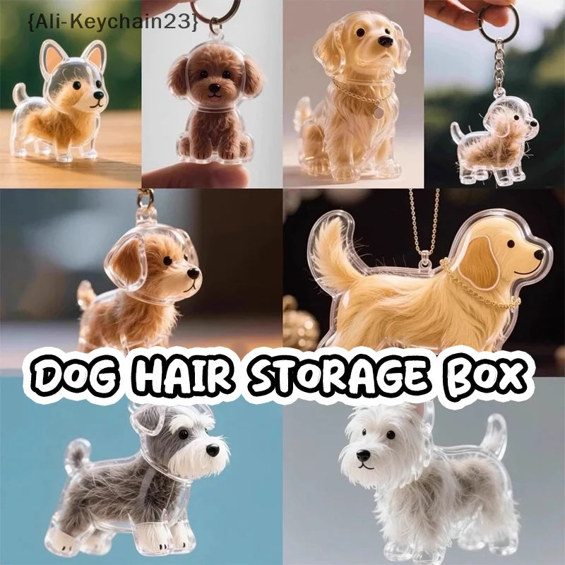 Sammlung von Welpe-Haar-Gedächtnis-Anhängern und einer Hundehair-Aufbewahrungsbox mit goldenen und grauen Welpen.