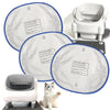 A white waterproof litter box replacement mat is shown with a cat sitting on it and a separate white litter box.