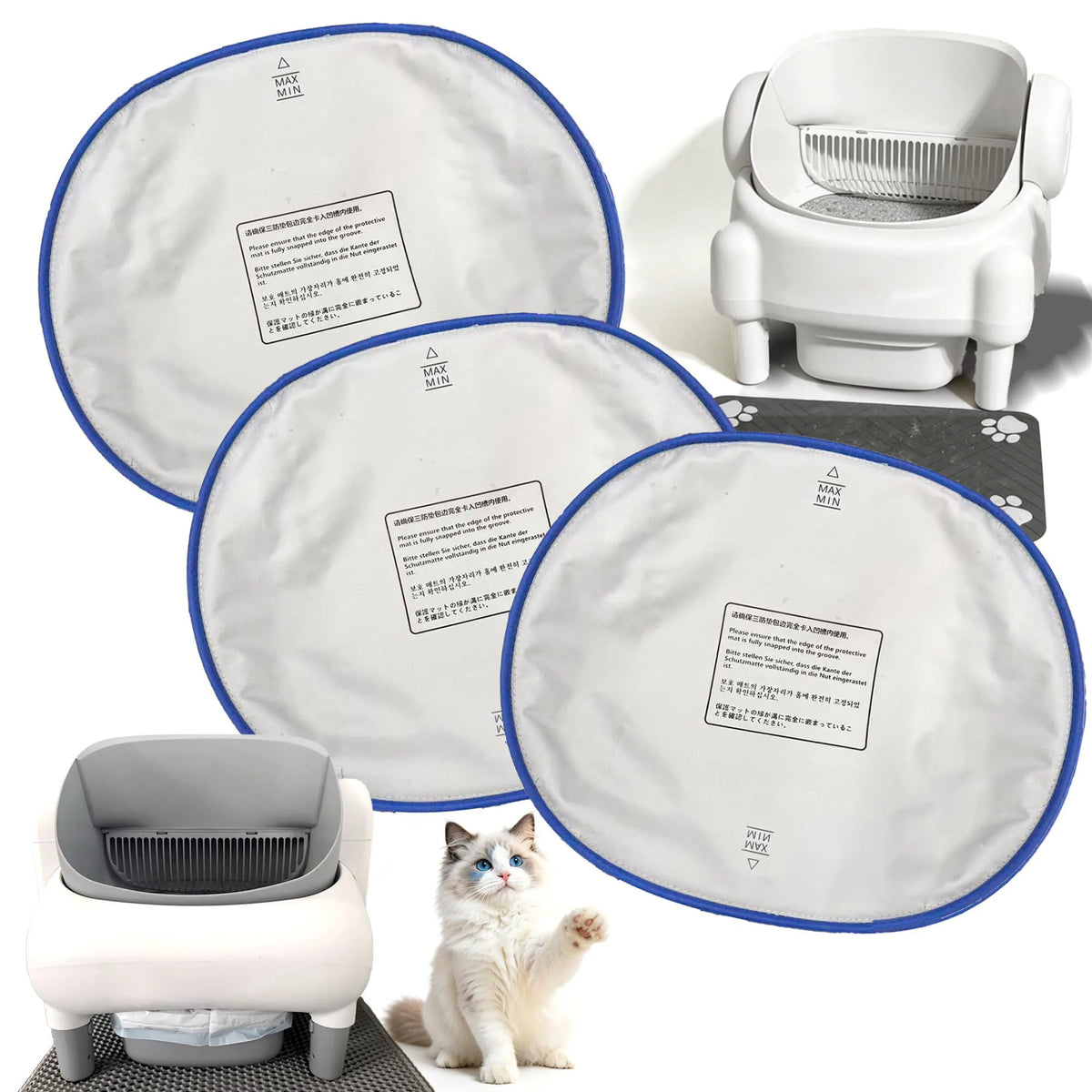 A white waterproof litter box replacement mat is shown with a cat sitting on it and a separate white litter box.