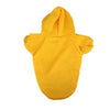 A bright yellow hoodie designed for dogs, featuring a hood and short sleeves.