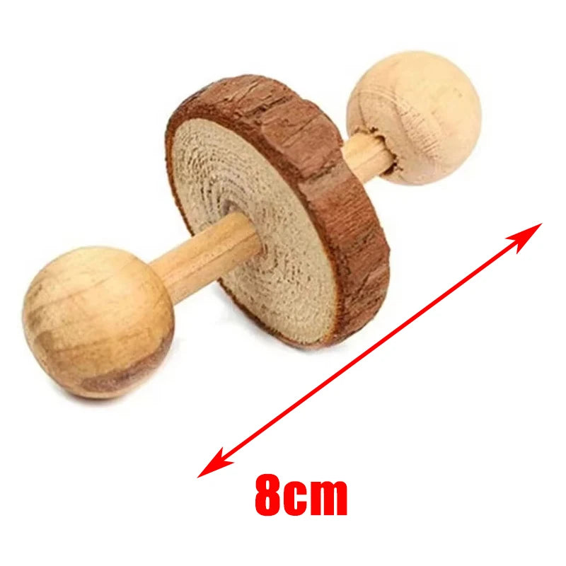A natural wooden chew toy with a round top and a cylindrical base, showing its size is 8cm.