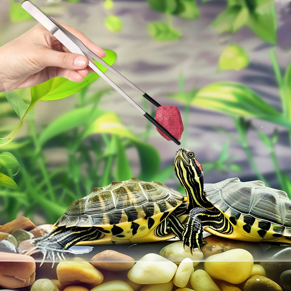 A hand uses stainless steel feeding tongs with rubber tips to feed a small tortoise into a pile of smooth stones.