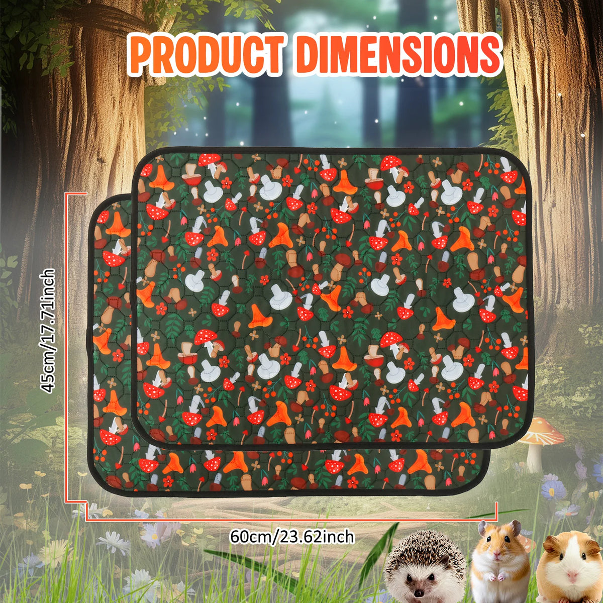 A reusable absorbent cage liner featuring a dense pattern of red and green leaves and various small animal figures in a fores