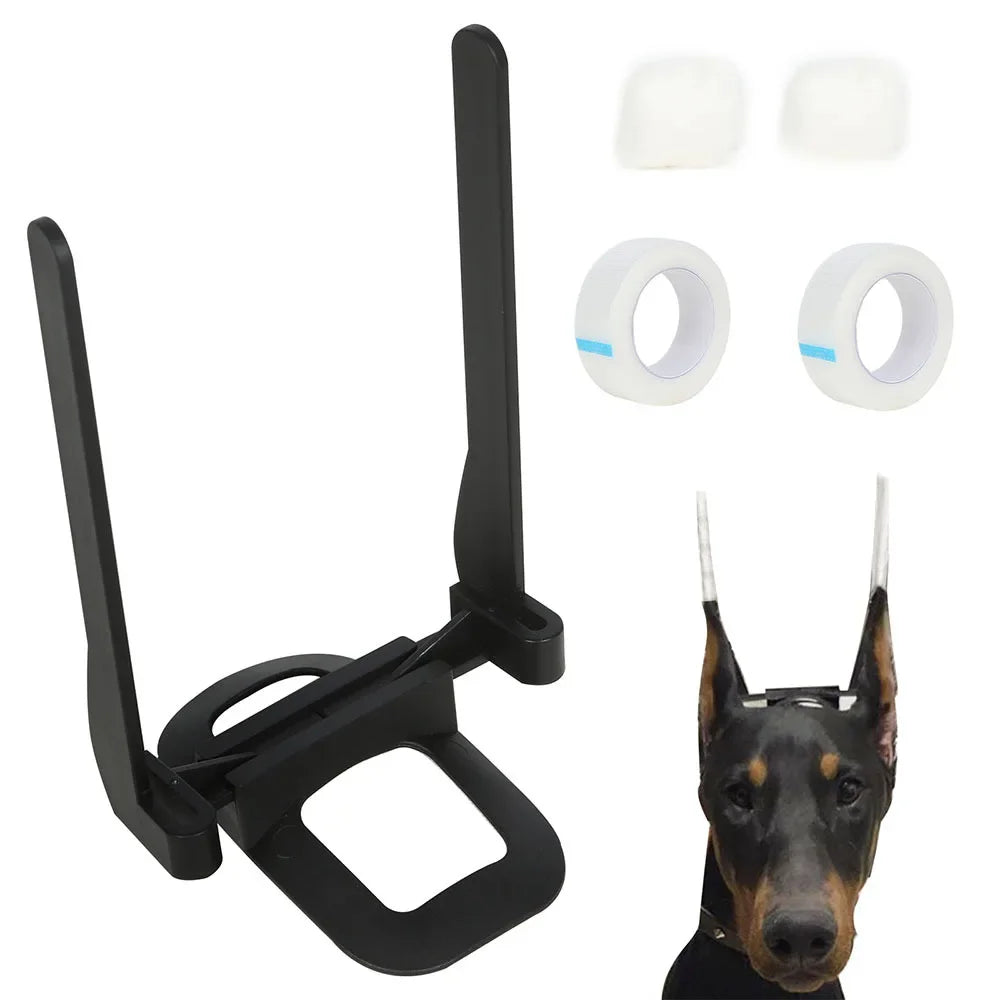 Fer à lisser noir avec écouteurs blancs et un Doberman portant l'outil.