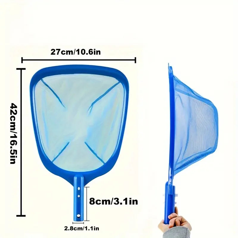 A blue pool leaf skimmer net with a handle, shown next to its dimensions.