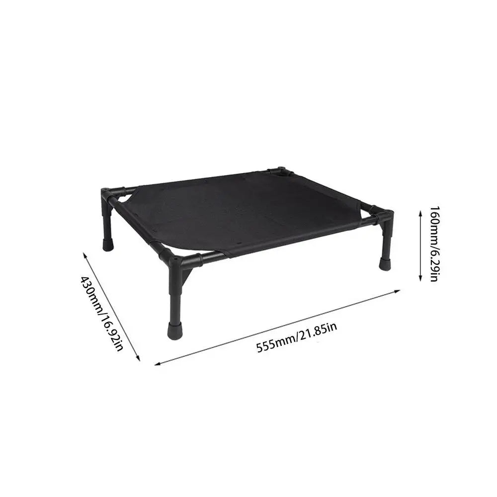 Black portable elevated dog cot with a removable shade canopy.