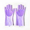 A pair of purple silicone pet grooming gloves for dogs and cats showing the hand design.