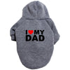 A gray plush coat with the text I love my dad embroidered on the back.