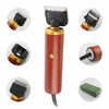 A professional corded pet clipper with a wooden body and metal attachments shown in various angles.