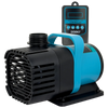 A black submersible water pump with a blue housing and a digital controller is shown.