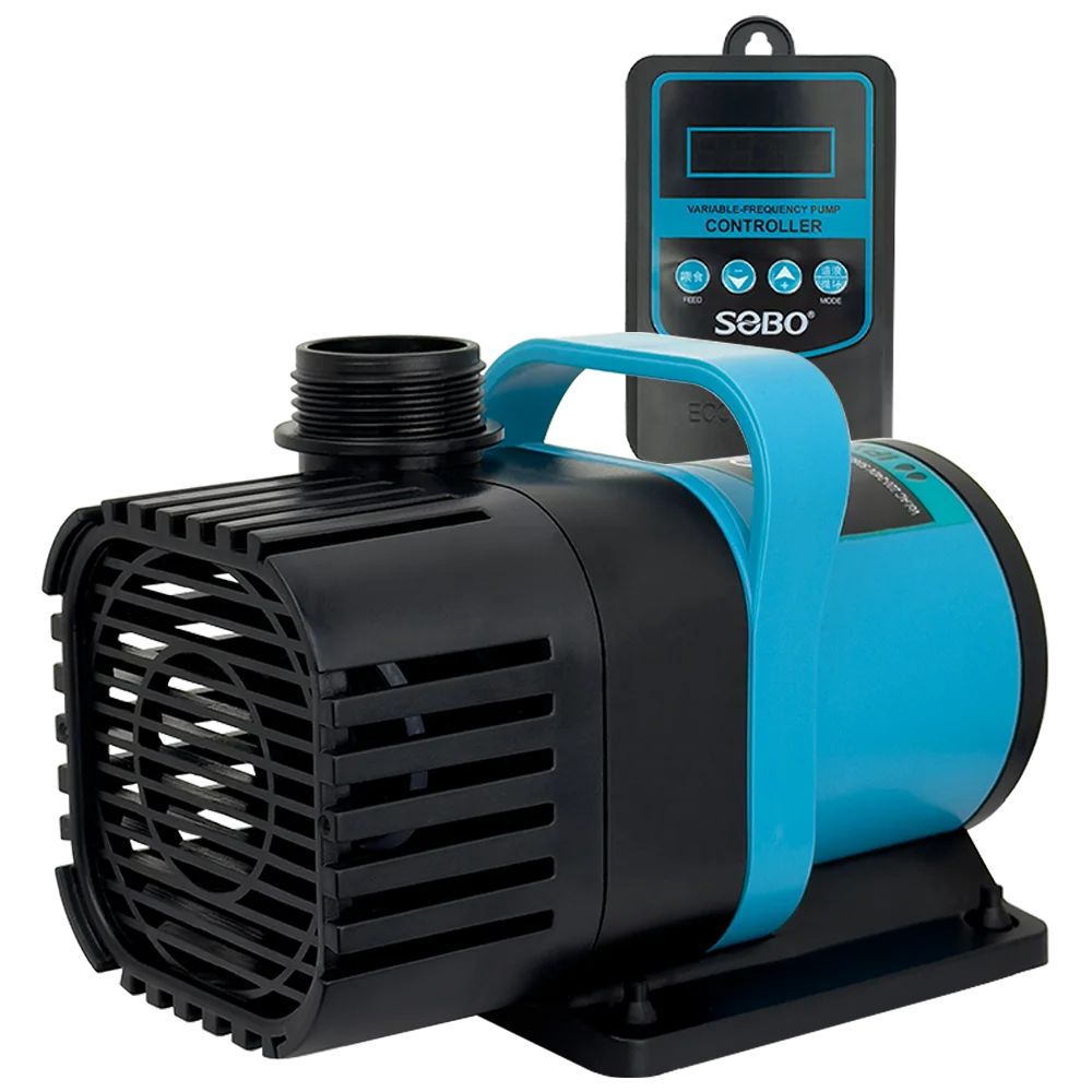 A black submersible water pump with a blue housing and a digital controller is shown.