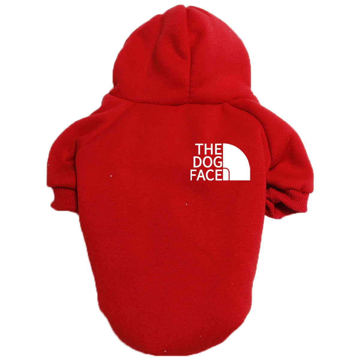 A red cozy fleece dog hoodie with a white logo on the back.