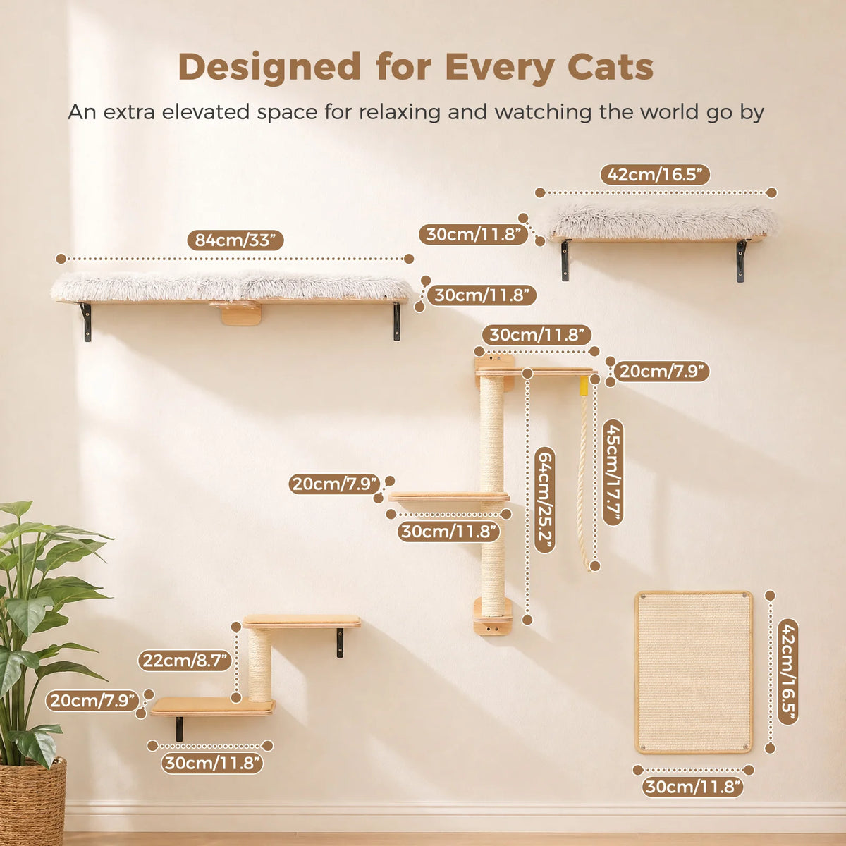 A set of modular wall-mounted cat climbing shelves and platforms designed for cats.
