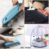 A blue pet hair remover brush is shown cleaning carpet, sofa, and car interior walls.