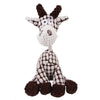 A handmade crocheted dog toy resembling a donkey with brown and white fur.