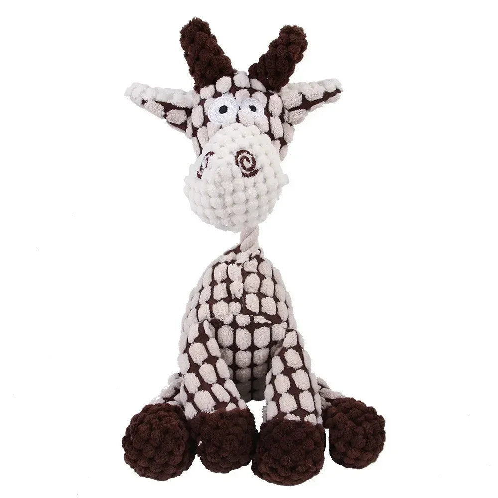 A handmade crocheted dog toy resembling a donkey with brown and white fur.