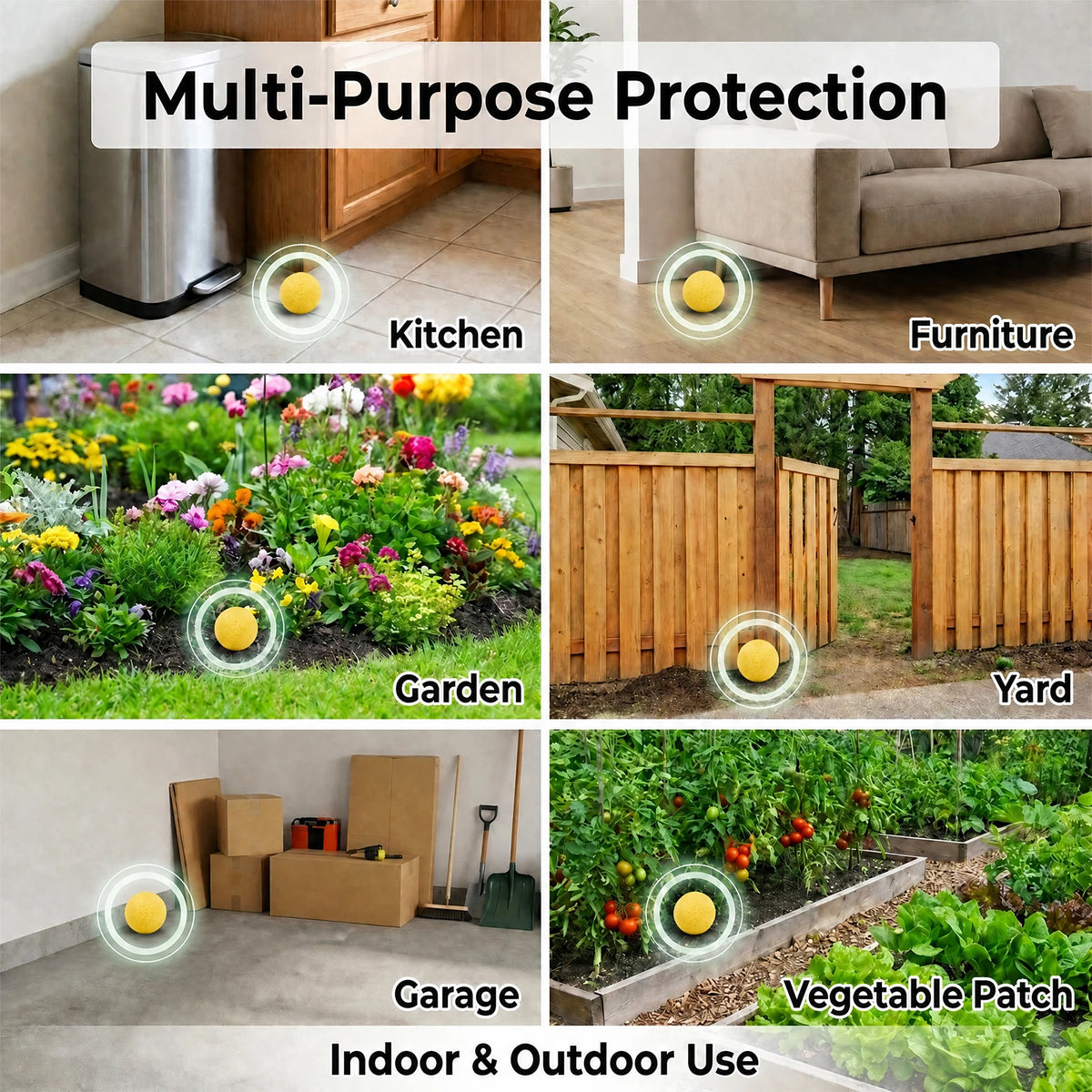 Multi-purpose protection featuring natural repellent balls used for kitchen, furniture, garden, yard, garage, and vegetable p
