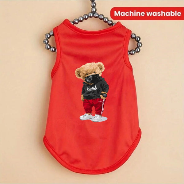 Red machine washable printed vest for pets featuring a character design