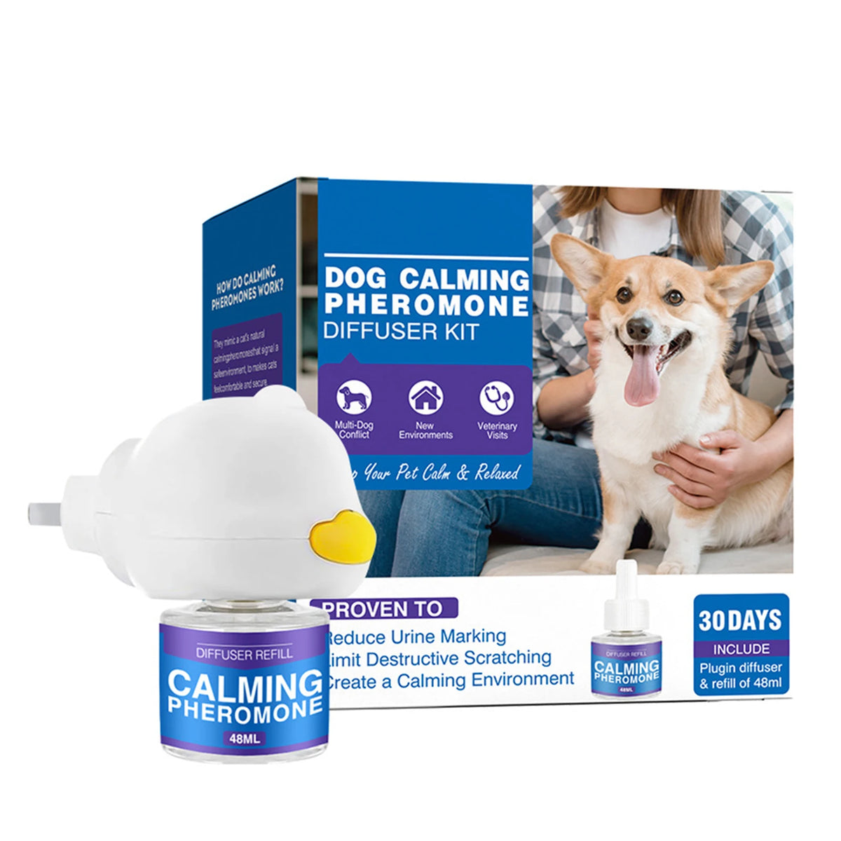 A diffuser kit for dog calming pheromone used to reduce destructive scratching and create a calming environment.