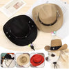 A beige and black adjustable cowboy hat for a dog is shown next to various hat styles.