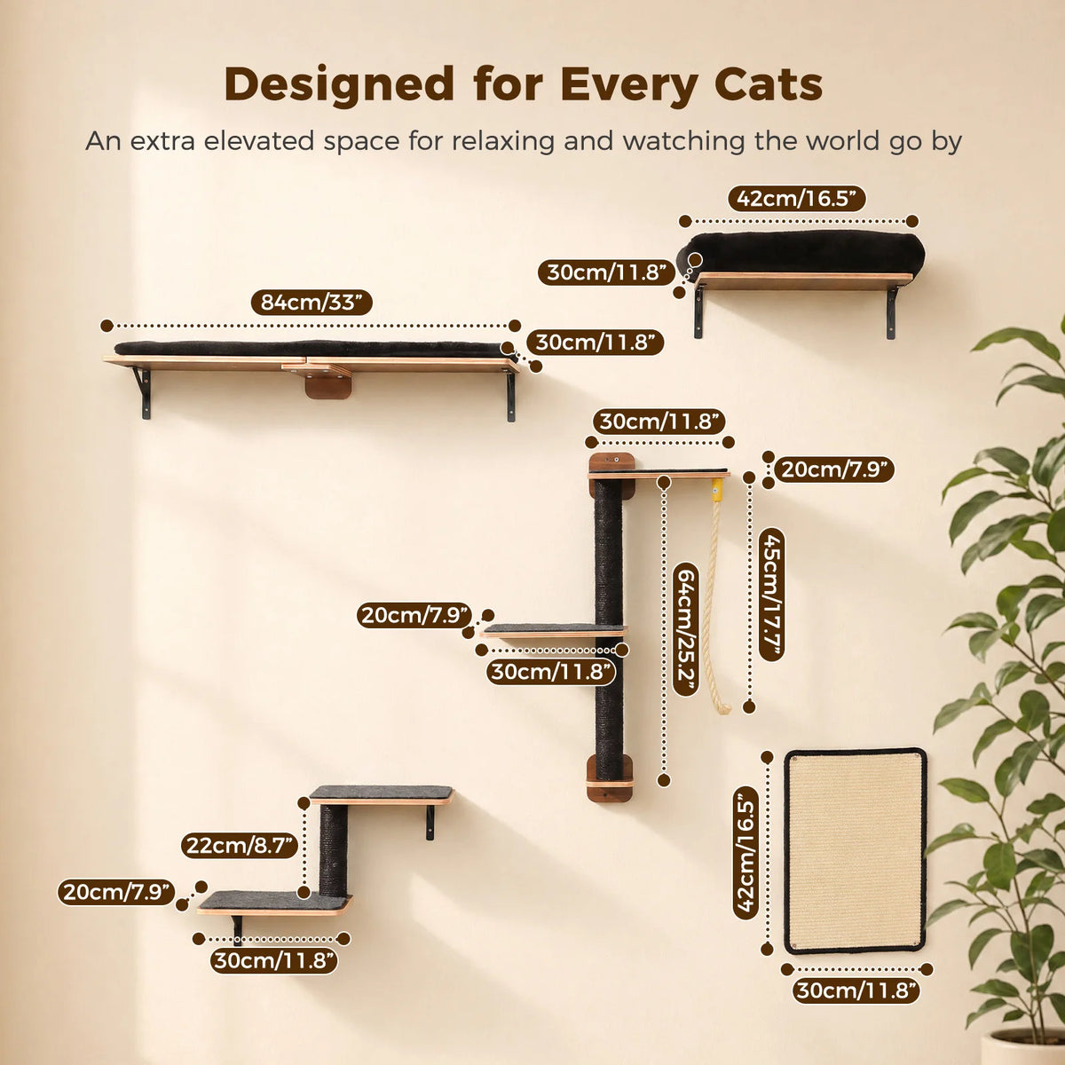 A modular wall-mounted cat climbing set featuring elevated platforms and resting areas for cats.