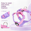 A purple and pink breathable no-pull dog harness is shown with close-ups of the POM buckle and metal traction ring.