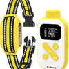 A yellow and black dog training collar with a remote control is shown next to its charging unit.