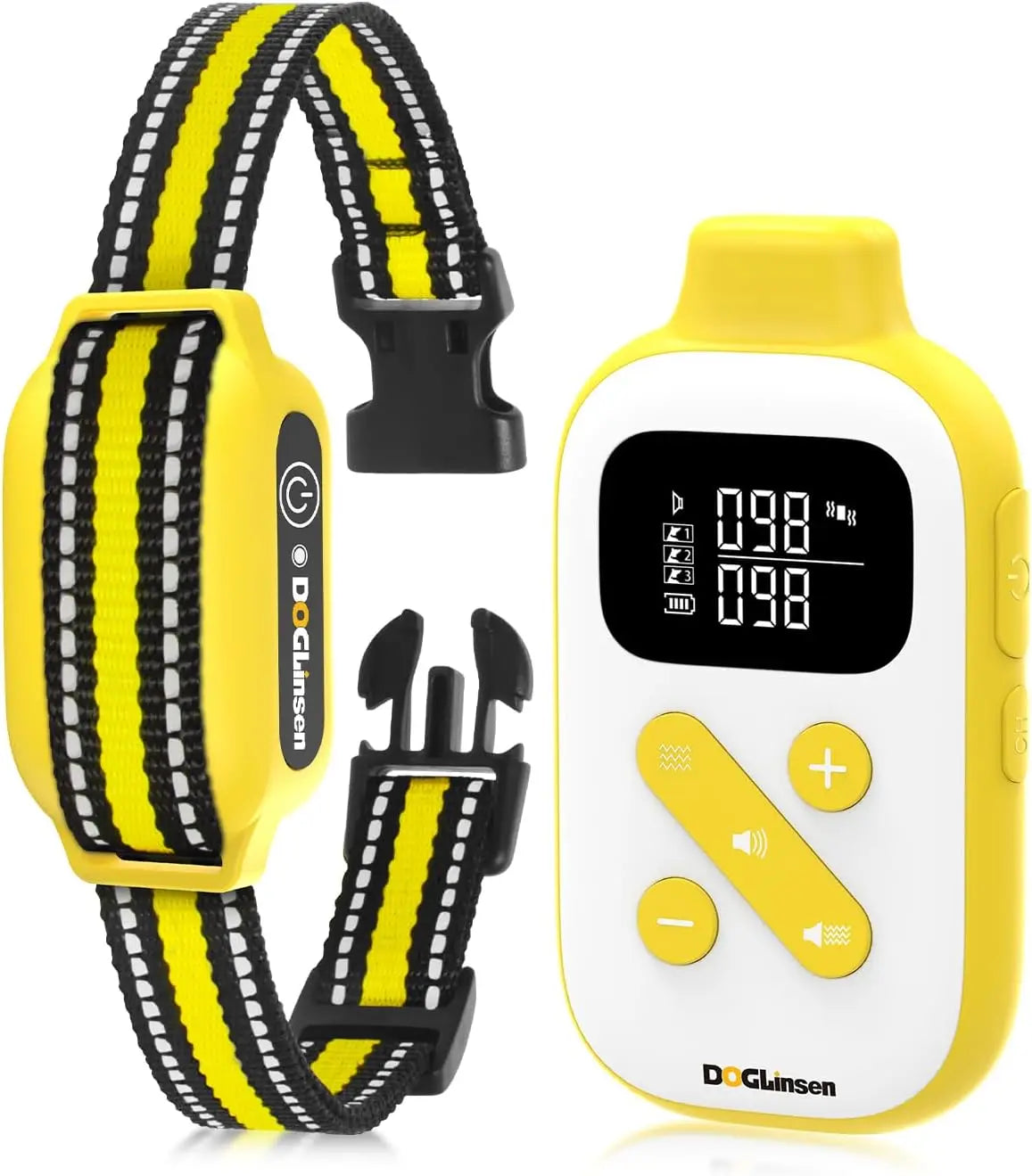 A yellow and black dog training collar with a remote control is shown next to its charging unit.