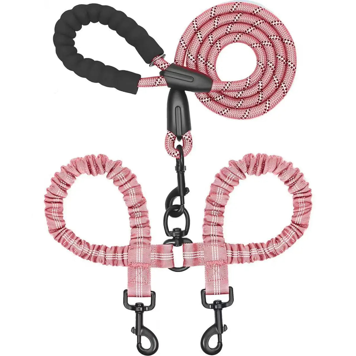 A pink and black durable leather double dog leash with a shock absorbing bungee.