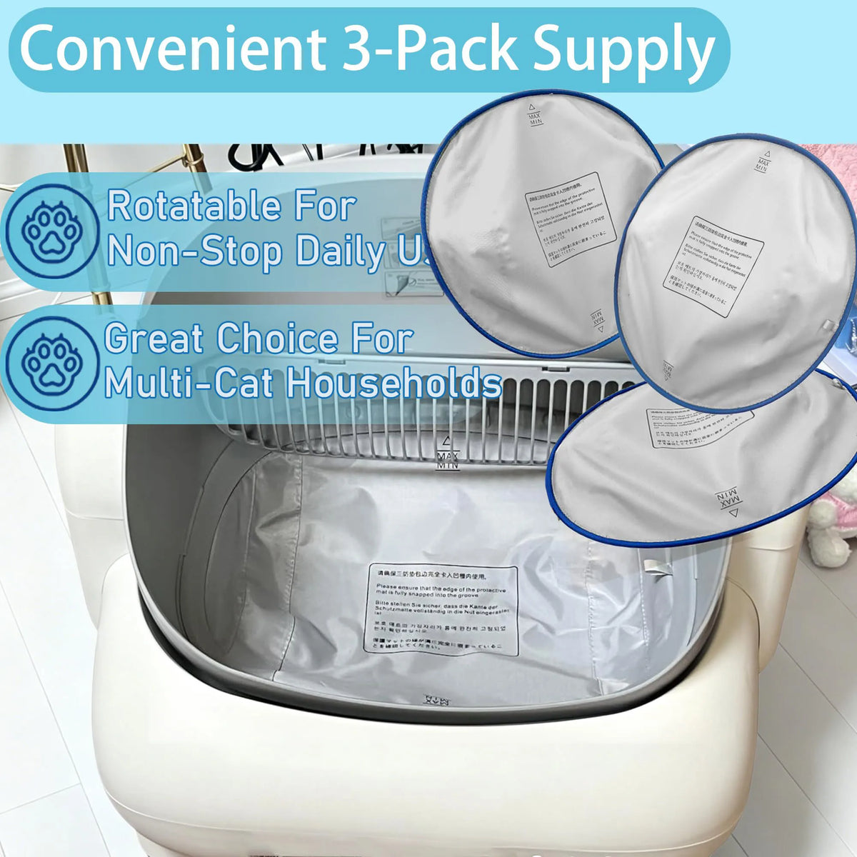 A 3-pack of rotatable waterproof litter box replacement mats shown in a white litter box.