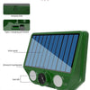 A green solar pest repellent device showing its components including a hanging hole, Type-c charging port, solar panel, ultra