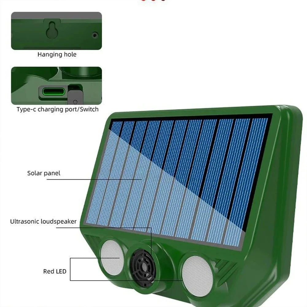 A green solar pest repellent device showing its components including a hanging hole, Type-c charging port, solar panel, ultra