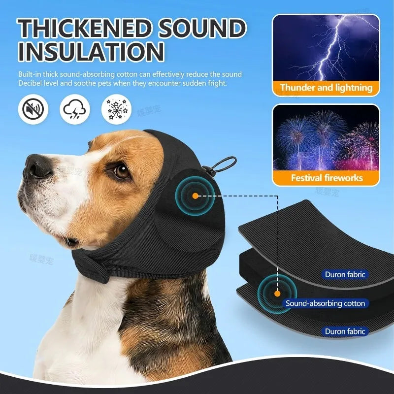 A dog wearing a thick sound insulation headgear designed to reduce noise and soothe pets.
