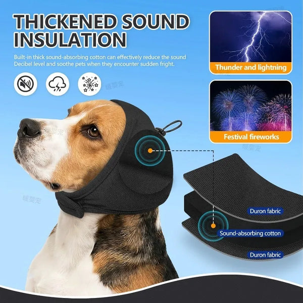A dog wearing a thick sound insulation headgear designed to reduce noise and soothe pets.