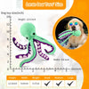 A green squishy octopus plush dog toy with purple accents shown next to a golden retriever.