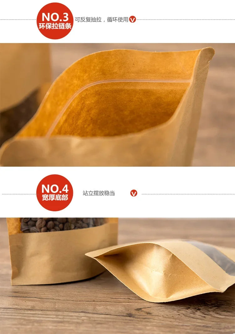Close-up of a reusable kraft paper zipper bag, showing its texture and design features.