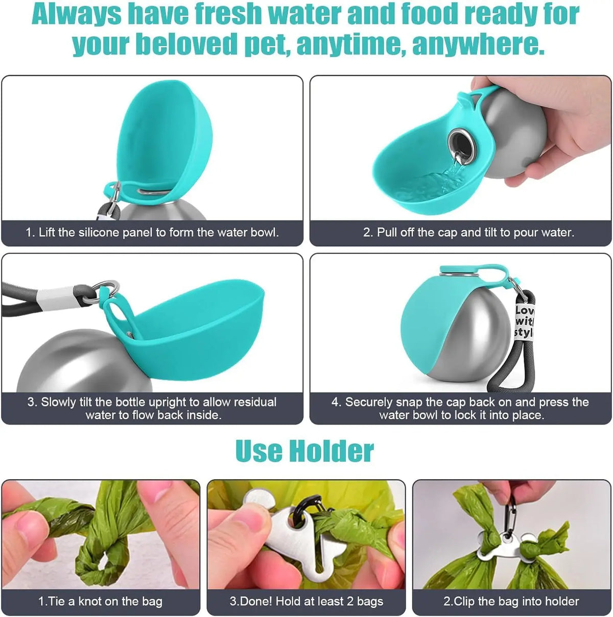 Botella para perros de acero inoxidable con cuenco y soporte para alimentación.
