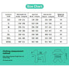 Size chart for a pink suspender dog tutu dress showing measurements for various sizes