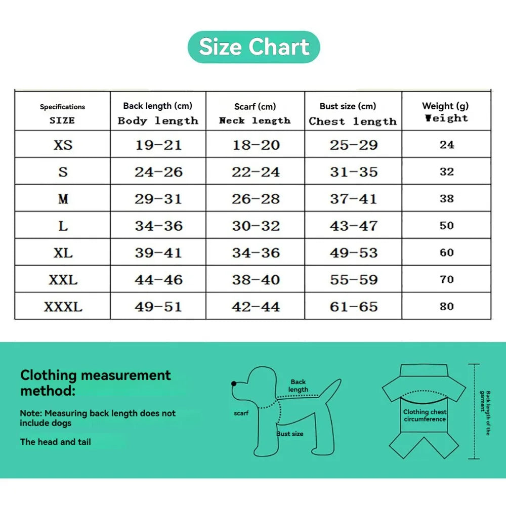 Size chart for a pink suspender dog tutu dress showing measurements for various sizes