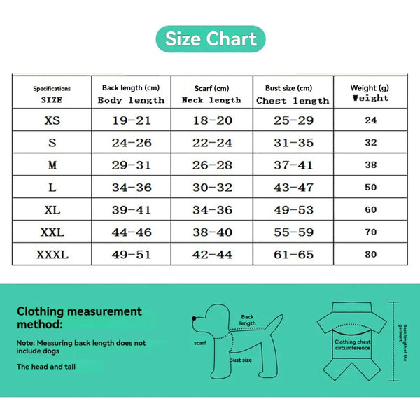 Size chart for a pink suspender dog tutu dress showing measurements for various sizes
